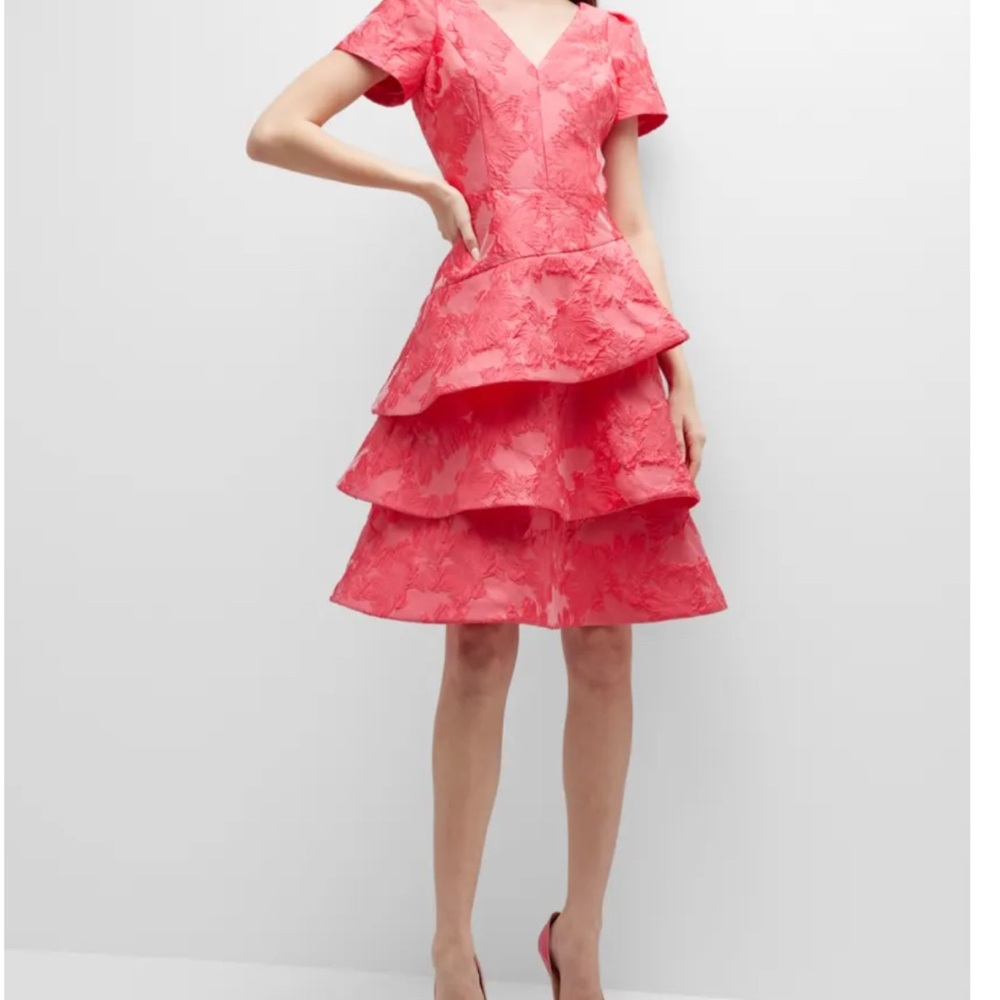 Rickie Freeman For Teri Jon Ruffle Tiered Jacquard Dress Pink and Red size 10